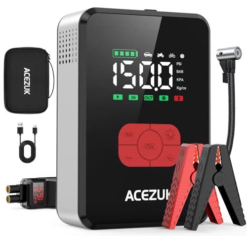 ACEZUK Avviatore Batteria Auto 7000A &150PSI, Avviatore Emergenza per Auto/Moto con Compressore 12V（Tutti Gas o 12L Diesel）600LUMEN LED/3.4