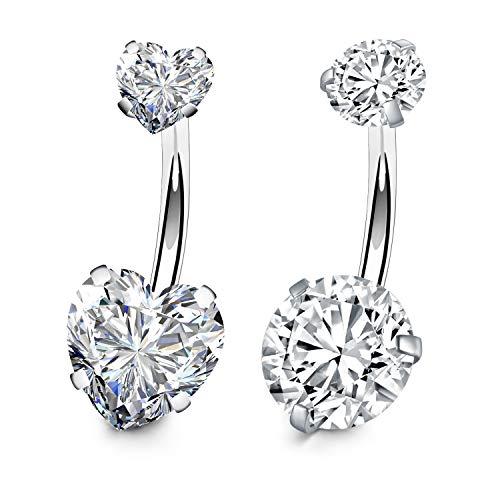 FECTAS 2pcs Anello con ombelico argento Top Zirconia 316L acciaio chirurgico 14G ombelico Bar Gioielli piercing