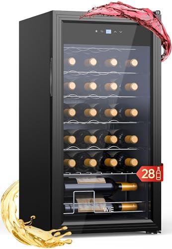 WIE Cantinetta Vino, 28 Bottiglie Cantina Vino Refrigerata, 82L Monotemperatura Cantinetta, Vetri Anti UV, Touch Control, Illuminazione LED, 5-18℃