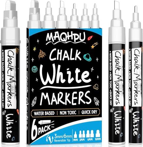 Maqhpu Pennarelli Gesso Liquido Cancellabili, 6 Pennarello Bianco per Vetro & Lavagna, Pennarello Lavagna Cancellabili per Vetro e Barattoli di Spezie(1mm, 3mm, 6mm, 10mm)