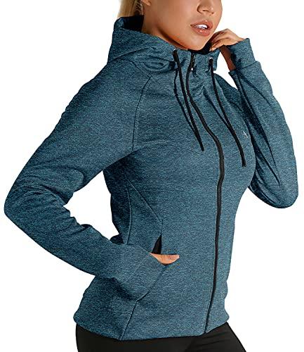 icyzone Giacca Sportiva Donna con Cappuccio,Felpa Termica con Zip e Fori per i Pollici (L,Blu Reale)