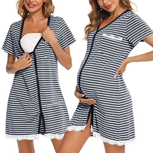 Uniexcosm Camicie da Notte Parto Cotone Camicia Notte Premaman con Scollo A V Manica Corta Aperto Anteriore Camicia da Notte Donne Gravidanza Strisce Blu Navy L