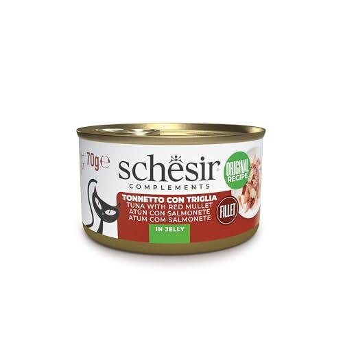 Schesir, Filetti di Tonno con Triglia in Gelatina, Cibo Umido Complementare per Gatti, Ricetta Originale, 100% Naturale, 12 lattine da 70g