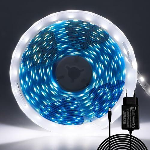 ShineBurky Striscia LED 5 Metri 12V Bianco Freddo, Luci LED Striscia Luminoso 300LEDs SMD5050 Strisce LED Flessibili per Interno Esterno Cucina Hotel Natale Decorazione (con Alimentatore)