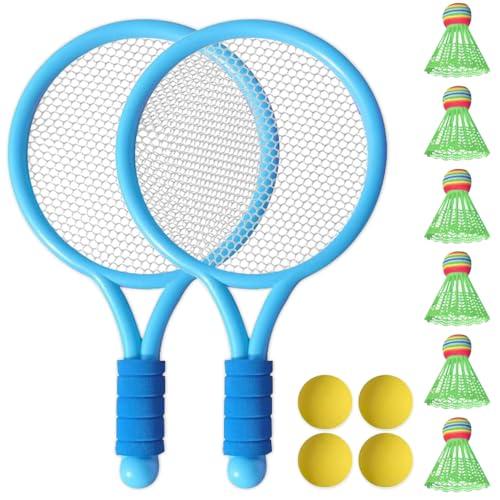 Aoreun Set di Racchette da Tennis per Bambini, Racchetta per Bambini con 4 Palline in Tennis e 6 Volani da Badminton, Racchetta in Plastica per Interni ed Esterni Sport, Blu+Blu