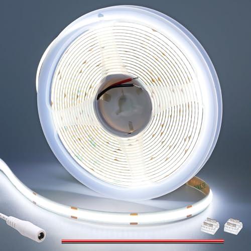 GOMING 12V COB Striscia LED Bianco Freddo 6000K 5M 312LED/M CRI 90+ Alta Densità 1560LED Senza Punti Luce Alta Luminosità Non Impermeabile IP20 Flessibile Luci LED per Soggiorno,Natale,Bar