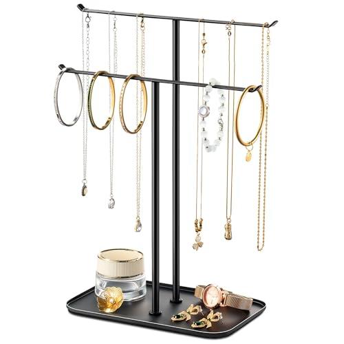 pickpiff Supporto per collane organizer per gioielli - Espositore per gioielli a 2 livelli con barra a T con vassoio per piano di lavoro, collane, bracciali, orecchini, cassettiera da bagno, nero