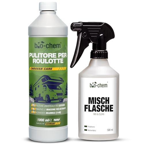 Bio-Chem - Prodotto per la Pulizia di roulotte e Camper 1L + flacone di miscelazione 0,5L - Detergente per Camper, roulotte, Tende da Sole - Manutenzione dei Veicoli da Campeggio