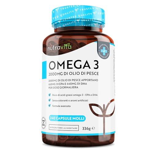 Omega 3 Olio di Pesce da 2000 mg - 660 mg EPA e 440 mg DHA per Porzione - 240 SoftGel Capsule di Olio di Pesce Puro - Fornitura per 4 Mesi - Prodotto nel Regno Unito da Nutravita