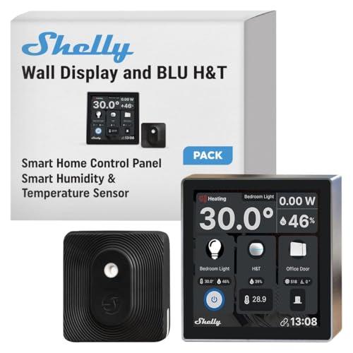 Shelly Wall Display Nero + Blu H&T Nero, Pannello di Controllo Wi-Fi Smart Home, Termostato, Relè 5A Integrato, Conduttore Neutro Richiesto, Dati Ambientali, Domotica, Alexa e Google Home