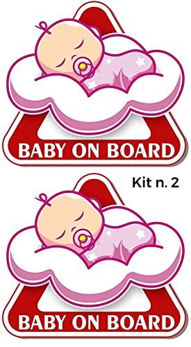 TLDSHOP® - Kit 2 Adesivi Baby on Board - per Auto - PVC Adesivo Resistente per Uso Esterno: (Rosa/Bimba)
