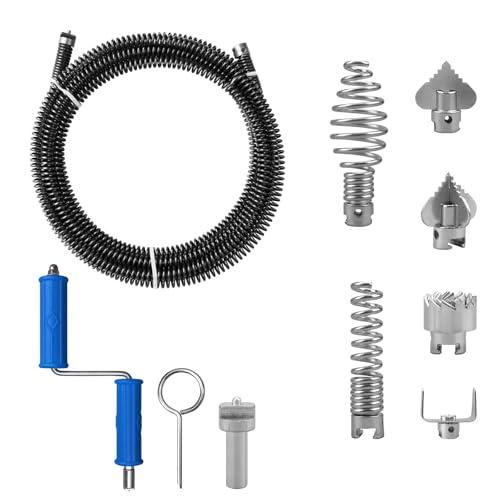 Sonda Sturatubi 5 metri di spirale, diametro 12 mm, con 6 pezzi di testa di taglio per la pulizia dei tubi e 1 adattatore manuale e 1 adattatore elettrico, Sonda Stura Lavandini e Scarichi in acciaio