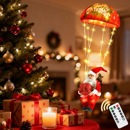 PATEMZON Catena di Luci a LED Babbo Natale, Luci Natalizie Babbo Natale, Paracadute Luminoso con Funzione Timer e Memoria, 8 Modalità, Funzionamento a Batteria, Decorazione per Interni Esterni