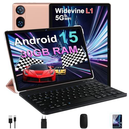 DMOAO Tablet 10 Pollici Android 15 con 30 GB RAM + 2TB ROM Espansione, FHD Tablet con Tastiera e Mouse, 5G Wi-Fi, GPS, Widevine L1, Octa-Core, USB-C, BT 5.0, 6000 mAh, 8MP+5MP, Gemini AI, Oro