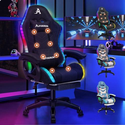 ALFORDSON Sedia da gioco con massaggio a 8 punti, luce LED RGB a 12 colori, sedia da ufficio ergonomica con poggiapiedi, poggiatesta e cuscino lombare per bambini e adulti, Tessuto, Nero