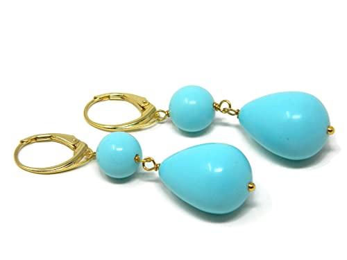 Orecchini monachella dorata con palline e gocce lisce di pasta di turchese