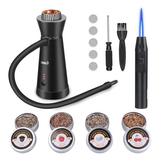 BORUIT SK301B Affumicatore per Alimenti, Fumatore Portatile con 4 Pezzi di Trucioli di Legno, Pistola Fumogena in Lega di Alluminio per Cucina, Carne, Salmone, Cocktail, Formaggio, Barbecue