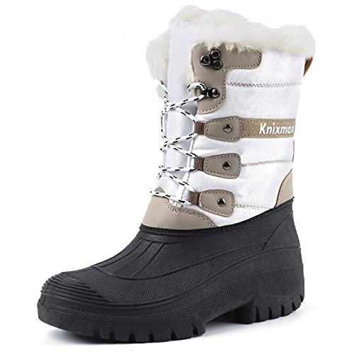 Knixmax Stivali da Neve Stivali Invernali Foderati in Pelliccia Suole Impermeabili Scarpe Calde Stringati Donna Bianco 41EU