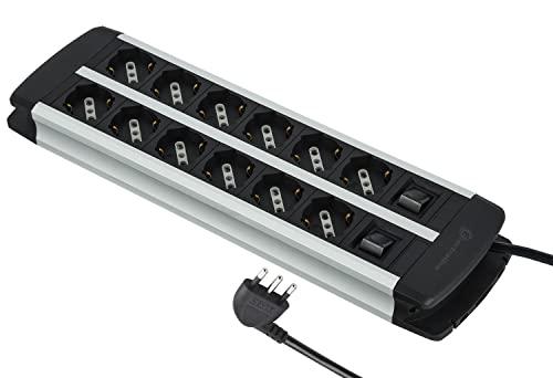 Electraline 61916 Multipresa Alu-Line 12 Posti Polivalenti (Schuko +10/16A) con 2 Interruttori indipendenti, Cavo 2M H05VV-F 3G1.5mm, con Corpo in Alluminio, con protezione per sovraccarico