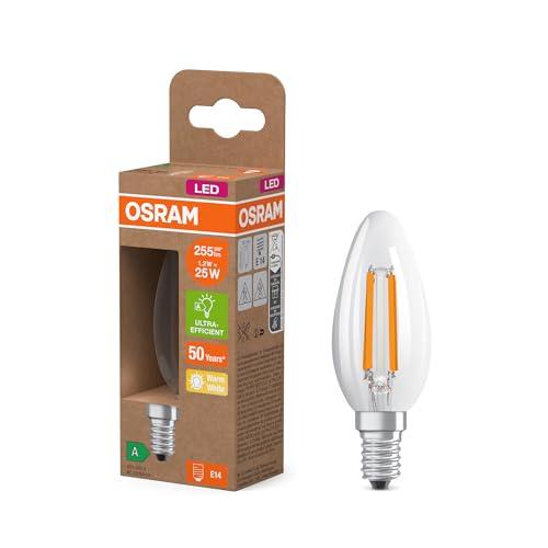 OSRAM dalla classica forma mini-sferica, con filamento LED decorativo, classe di efficienza energetica A, E14, 1,2 W, 255 lm, 2700 K, bianco caldo. Senza riscaldamento, luce immediata al 100%.