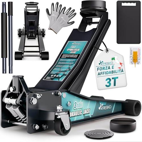 TRESKO Cric idraulico 3T, altezza di sollevamento 75 – 510 mm, cric idraulico per auto Jack piatto con doppio pistone e ruote a 360°, sollevatore auto con 2 cuscinetti in gomma, tappetino protettivo