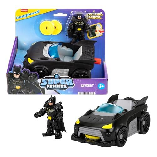 Fisher-Price Imaginext DC Super Friends - Metal Force Batmobile, veicolo attivabile con luci e suoni, personaggio Batman, lanciatore e 2 dischi inclusi, giocattolo per bambini, 3+ anni, JFJ68