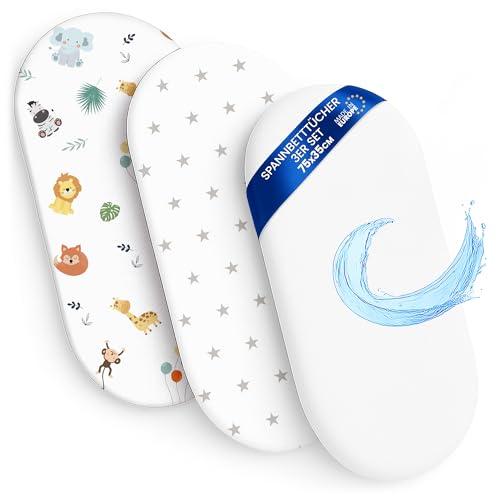 Lenzuola con angoli per passeggino Set di 3: 35x75 cm - 2 lenzuola + 1 coprimaterasso impermeabile - Accessori per lettino per culla co-sleeping carrozzina 35 x 73