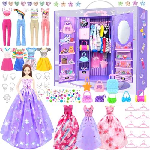 65 Vestiti e accessori per Bambole con Armadio per Bambole da 11,5 pollici - Set di Bambola di Design Inclusi Abiti da Sposa e Vestiti di Moda Top e Pantaloni per Ragazze (include la bambola)