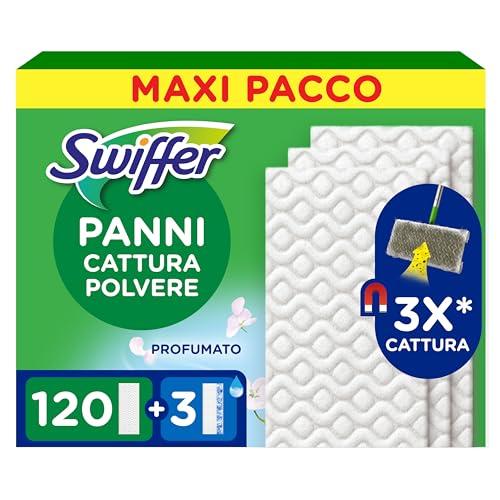 Swiffer Panni Cattura Polvere, 120 Panni Microfibra Dry e 3 Panni Lavapavimenti, Cattura Polvere e Sporco, Ottimo per Tutti i Tipi di Pavimenti e per i Peli di Animali, Maxi Formato