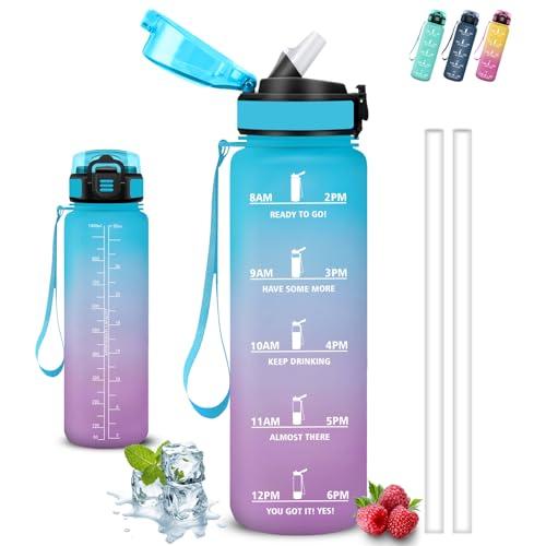 Borraccia 1 litro, Borraccia con Cannuccia, Senza Perdite, Borraccia Motivazionale, Facile da Pulire, Borraccia con Orari per Bere, Bottiglie Acqua Con Slogan Motivazionale, per Fitness, Campeggio