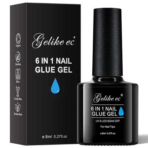 Gelike ec Colla per Unghie Finte 6 in 1 en Gel Resina a lunga durata, Base Coat e Rinforzante, Estensione Unghie, Gel Blossom, Soluzione Slip, Cura Unghie Lampada UV Necessaria, Colla Resina, 8 ml