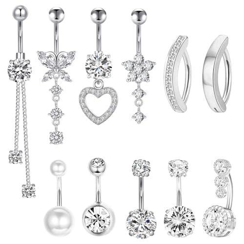 TYXHXTF 11 Pcs Piercing Ombelico per Donna, Perla Clicker Barbell Piercing Ombelico Anello Set, Cuore Farfalla Gioielli Diamante Lungo Barbell Set Per Le Donne