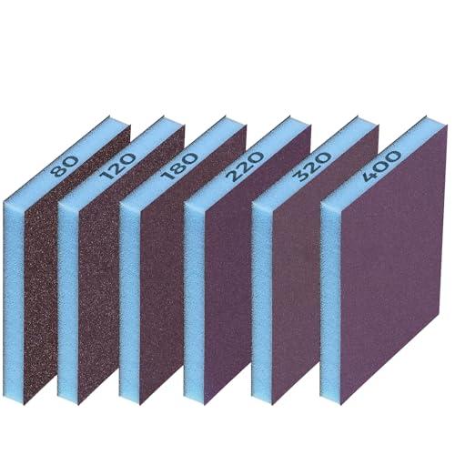 STEBRUAM 6 Spugne Abrasive Grana 80/120/180/220/320/400 - Set Multigrana per Legno, Metallo e Pareti - Spugne Lavabili e Riutilizzabili - Carta Abrasiva Professionale