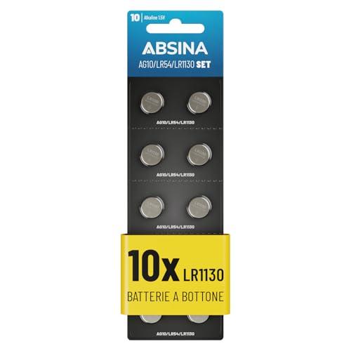 ABSINA 10x LR1130 AG10 Batteria - Batterie LR1130 alcaline da 1,5V a prova di perdite e longevoli - LR54 / V10GA / RW49 / G10A / 189 / GP189 / L1130 / 89A - Pile LR1130, batterie AG10, pila LR1130