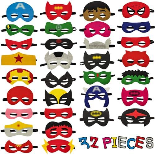 Goujfol Maschere Supereroi Bambini, 32 Pezzi Feltro Feste Maschere, Giochi Halloween Gadget Bambino, Maschera Superhero Cosplay Regali di Festa Compleanno