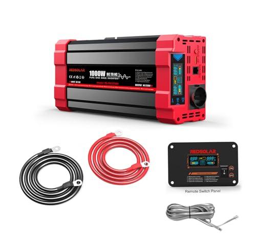 REDSOLAR Inverter Onda Sinusoidale Pura 1000W, Picco 2000W, Convertitore 12V DC a 220V 230V AC per Auto, Campeggio e Elettrodomestici, con Display LCD, Porta USB, Presa EU e Pannello Remoto (Cavo 7m)