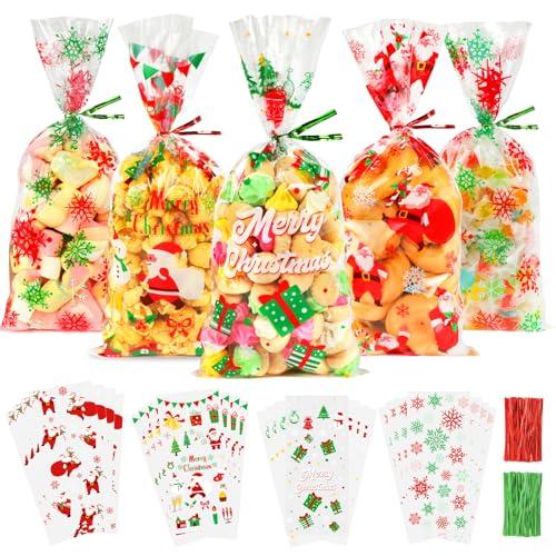 Viosmut Sacchetti per Biscotti Natalizi 120 Pezzi, Sacchetti Trasparenti Natalizi per Confezioni Bustine Natale Trasparenti, Sacchettini Bustine Regalo Buste Natalizie Cellophane per Caramelle Torte
