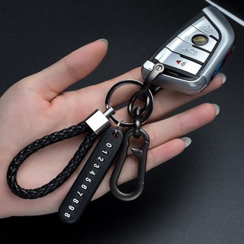 Portachiavi anti-smarrimento per auto con targhetta per numero di telefono, portachiavi intrecciato in pelle e gancio in metallo resistente per chiavi e bagagli, nero, F