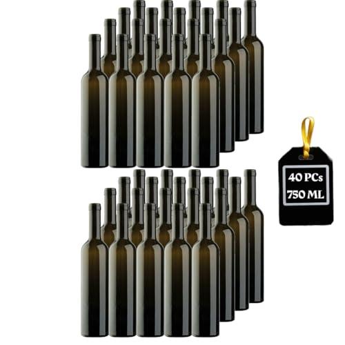 Firmadigaranzia srl FDG | 40 Bottiglie vuote Bordolese in Vetro Scuro UVAG per Vino Rosso, Bianco e Rosato con Imboccatura idonea per Tappo in Sughero, 750 ml