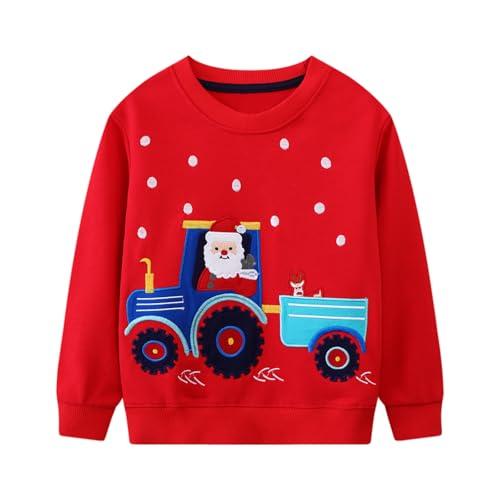 Baogaier Felpa Bambino Rosso Natale Cervo Trattore Ricamo Girocollo Manica Lunga in Cotone Ragazzo Pullover Top Maglietta Sweatshirt Ragazzi Natalizi Felpa Bambini Maglione 5-6 Anni