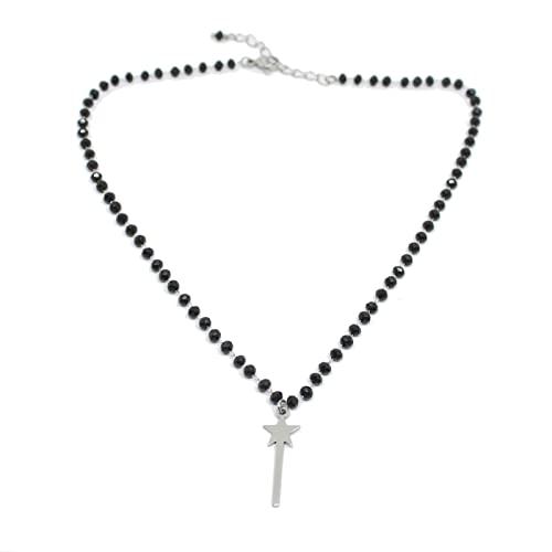 Collana girocollo catena con cristalli neri e ciondolo bacchetta magica