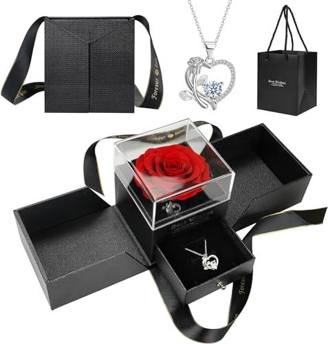 ELEUTH Rosa Stabilizzata Vera con Collana a Cuore,Idee Regalo di Rosa Eterna per Donna,Vera Rosa Conservata per San Valentino,Festa della Mamma,Anniversario,Compleanno,Regali per Lei Fidanzata,Moglie