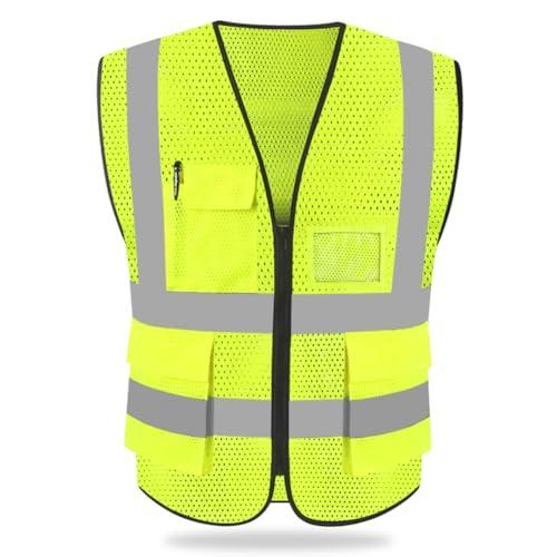 HYCOPROT Gilet di Sicurezza Antinfortunistici Alta Visibilità Giacca da lavoro riflettente ad alta visibilità manageriale Gilet Zip Brace Security Costruzione (Giallo Rete, M)