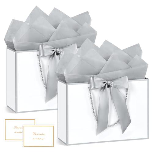 BBILKE Sacchetti Regalo Medie - 2 Sacchettini Borsa Regali Compleanno in Carta con 2 Carte,Buste Regalo Grandi Elegante con Manici per Donne Ragazze San Valentino Festa Nozze Natale(Bianco Argento)