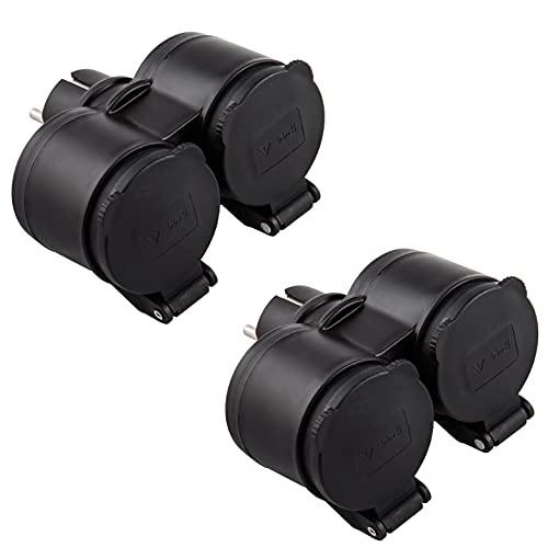 Electraline 92388 Confezione da 2 Adattatori da Esterno 2 prese Schuko, Resistente all'acqua IP44, Spina tedesca, Multipresa 2 posti schuko con tappo, Nero
