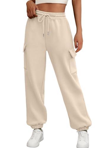 JFAN Pantaloni Sportivi Donna Invernali Pantaloni da Jogging in Pile Termici Pantalone Tuta Donna con Tasche Felpati Coulisse Elastico Vita Alta Beige L