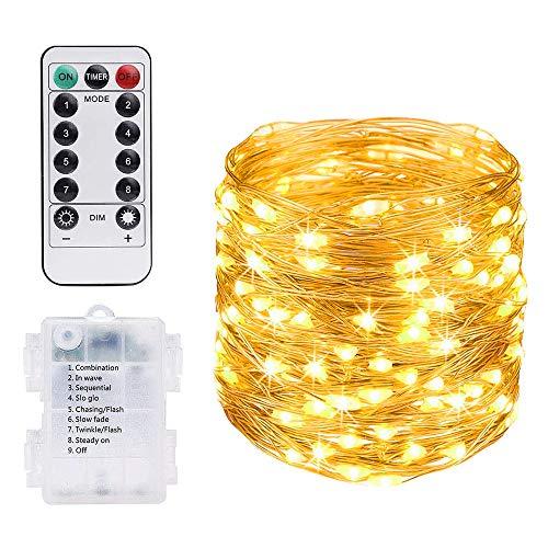 Vicloon Stringa Luci LED, 10M 100 LED Luci Natale Impermeabili, Luci LED a Batteria, Lampada a Fili di Rame, Luci Stringa Decorative per Halloween, Compleanno, Matrimonio, Partito, Bianco Caldo