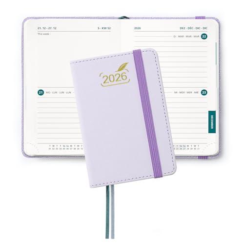 BEZEND Mini Agenda 2026 Bi-Giornaliera Tascabile 12 x 8 cm, 2 Giorni per Pagina (1 Settimana su 4 Pagine) - B7 Diario Piccola da Gen a Dic 2026, Copertina Rigida in Pelle PU, Lila