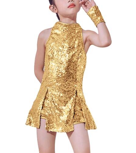 LOLANTA Costume da Ballo per Ragazze con Paillettes Costume da Ballo Hip-Hop Abbigliamento da Ballo per Bambini, Oro, 8-9 anni, 140