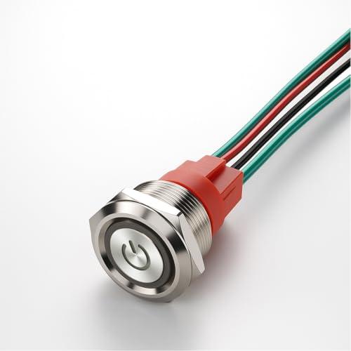 Guuzi Aggancio Interruttore a Pulsante a Scatto Corto da 15 Amp 220V Impermeabile per uso Marino a 4 pin 22mm SPST con LED Verde con Cavo